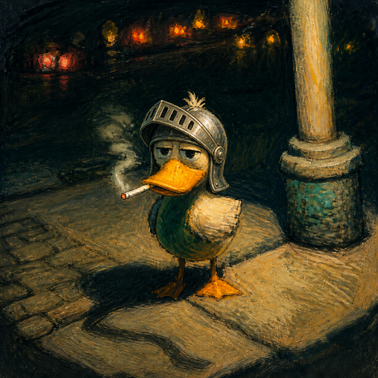 A weary duck knight under a street lamp